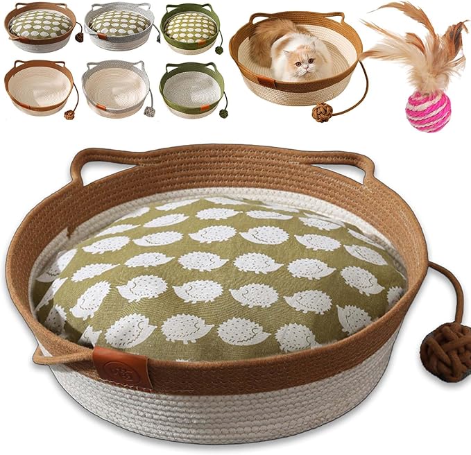 Cat Toy Baskets for Indoor Cats, Cotton Rope Woven Cat Basket Bed, Ergonomic Design with Cat Ear Handles & Interactive Teaser Ball, Soft, Breathable, Scratch-Resistant (Brown with mat,L)