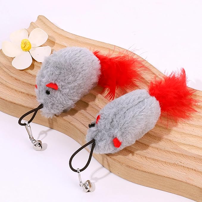 Cat Toy Refill, 2 Pack Mouse Toy with Feather Tail and Bell for Cat Wand Toy Accessories Cat Toy Attachments Replacements, 4.72” Realistic Size Mice Toy for Bored Indoor Adult Cat Self Play