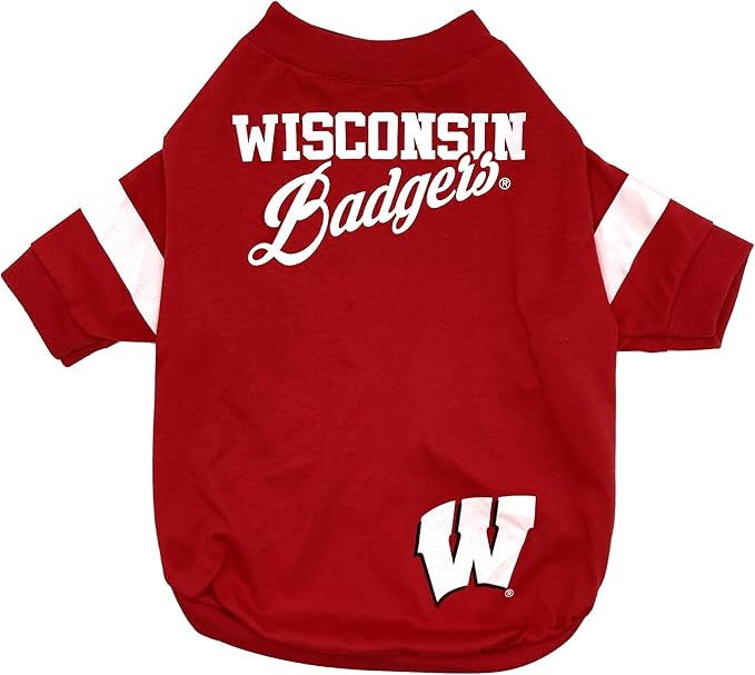 Pets First NCAA Wisconsin Badgers T-Shirt for Dogs & Cats. Size Small. Football/BASKTBALL Dog Shirt for College NCAA Team Fans. NEW & Updated Fashionable Stripe Design
