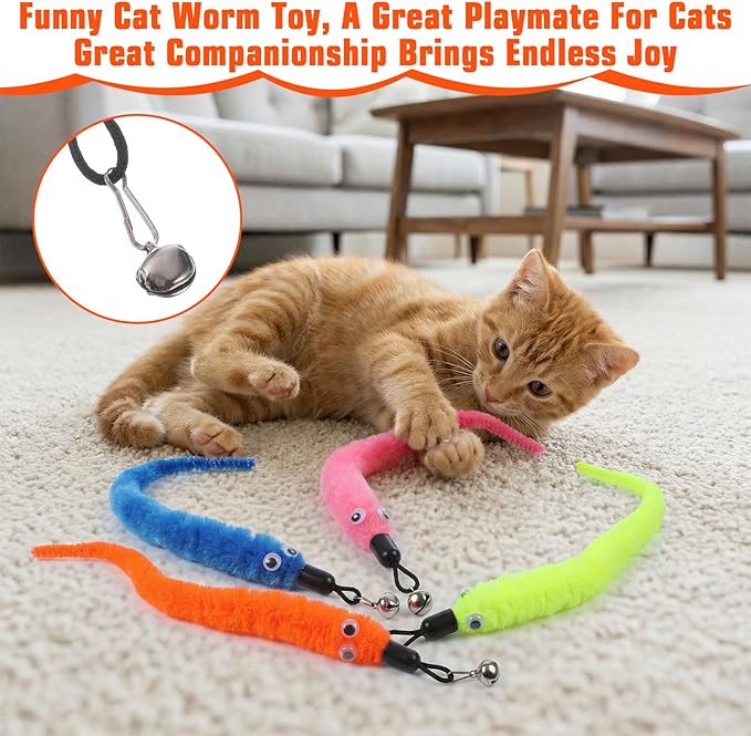 Larrel 15PCS Cat Worm Toy Replacement, Cat Wand Toy Accessories, Soft Worm Cats Toys Teaser with Bell, Fuzzy Worms Toys Attachments Replacements with Eyes for Indoor Cats and Kitten (5 Colors)