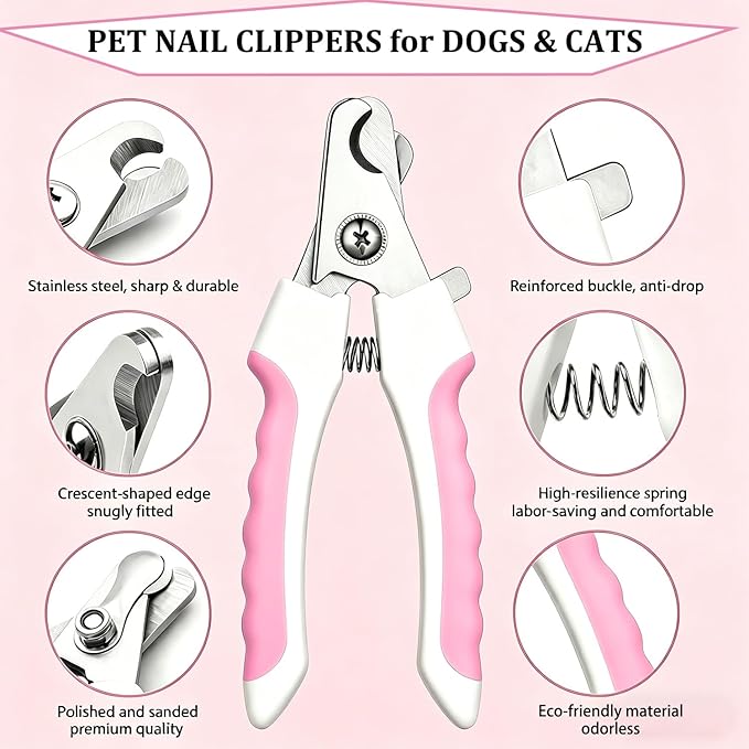 7PCS Dog Grooming Brush Kit for Shedding and Matted Fur, Self-Cleaning Slicker Brush with Undercoat Rake, Flea Comb for Long-Haired Pets, Pink