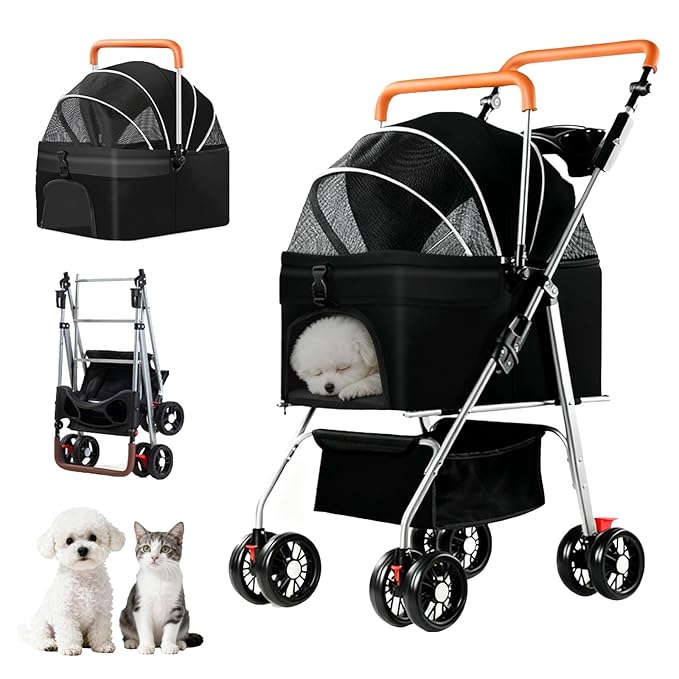 YYW Pet Stroller for Small Dogs & Cats, 3 in 1 Foldable Kittens Puppies Travel Strolling Cart with Removable Carrier, Cup Holder, Storage Basket & Lockable Wheels(Black)