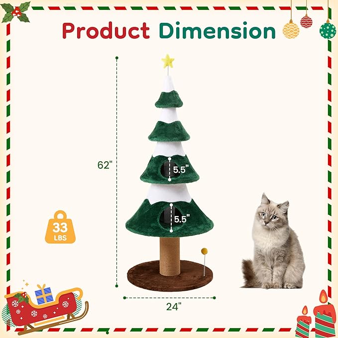 Cat Tree, 62" Cat Tower with Heavy Duty Base and Scratching Posts, Multi-Level Plant-Like Cat Furniture, Sisal Cat Scratcher & Cozy Cat Condo, a Holiday Favorite for Indoor Cats,Green