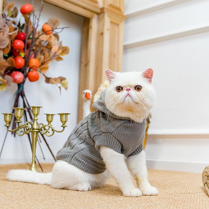 PUPTECK Winter Dog Cat Sweater - Cold Weather Clothes for Kitties & Small Dogs Indoor Outdoor Walking Warm (Grey, M: Chest Girth 13.8”, Back Length 14”)