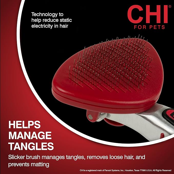CHI for Cats Self-Cleaning Slicker Brush for All Cats, Removes Loose Hair and Tangles, Retractable Bristles, Ionic Technology Reduces Static, Ergonomic Soft-Grip Handle, Long and Short Hair