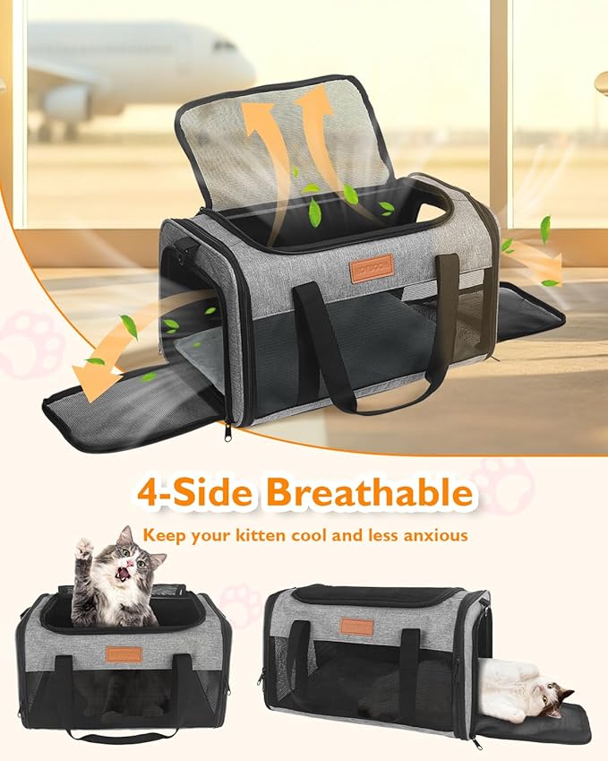 PETUX Airline Approved Pet Carrier - 17x11x9.5 in, Underseat, Top & Side Entry, Soft Sided Cat Carrier for Small Cat Up to 12 lbs with Breathable Anti-Scratch Mesh for Travel & Vet - Grey
