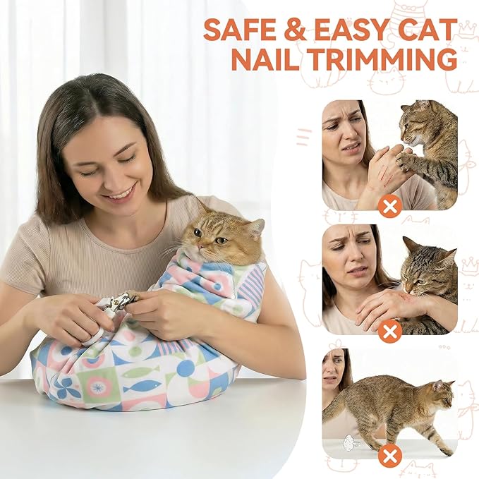 BFNN Cat Grooming Wrap for Cutting Nails, 27.6" Anti-Escape Calming Cat Swaddle Wrap for Medicine, Nail Clipping, Teeth Brushing, Ear Cleaning, Self-Adherent Burrito Restraint, (Geometric Fish, L)