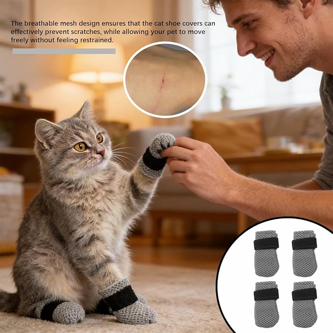 4pcs Cat Mittens to Prevent Scratching, Cat Booties Mesh Breathable Cats Shoes Anti Scratch Kitten Foot Covers for Pet Bathing Cutting Nails (Gray Size L)