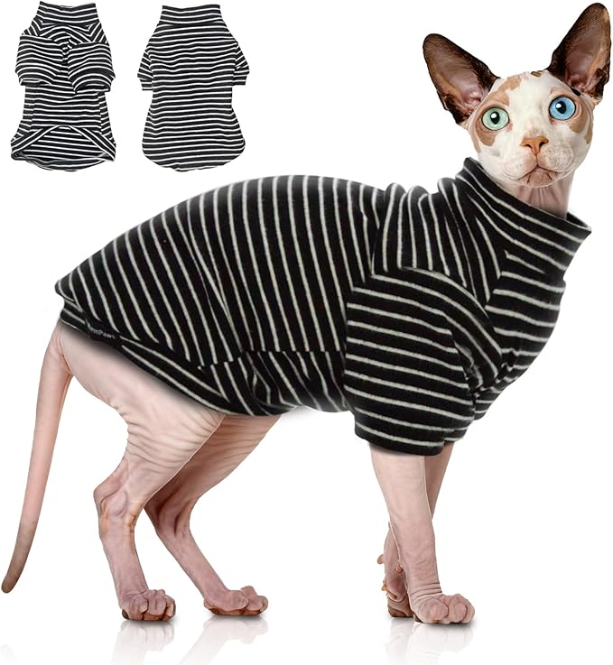 Sphynx Cat Sweater Hairless Cat Clothes Sweater Shirt Soft Warm Long Sleeves Pullover Pet Clothes Pajamas Dog Cloth for Small Dogs Jumpsuit Pet Sweaters (B&W Striped, Medium)
