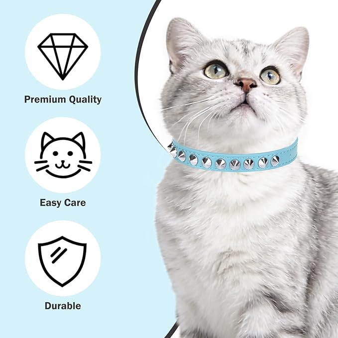 Leather Cat Collars for Boy Girl Cats with Bell and Safety Elastic Belt, Personalized Rivets Stud Adjustable Safe Buckle Collar with Skull Charm for Kitty Small Pets, Light Blue