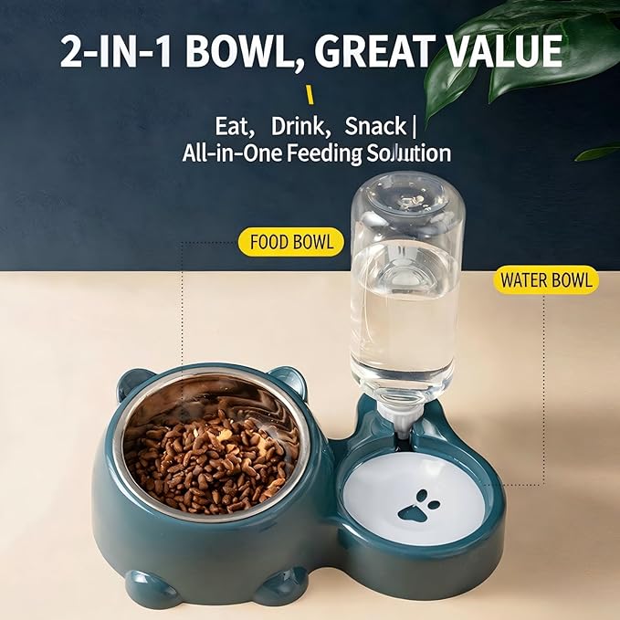 Generic Tilted Stainless Steel Dog Bowls, 2 in 1 Cat Water and Food Bowl, Automatic Refill Feeding Waterer Cat Bowls for Indoor Cats (Dark Blue)