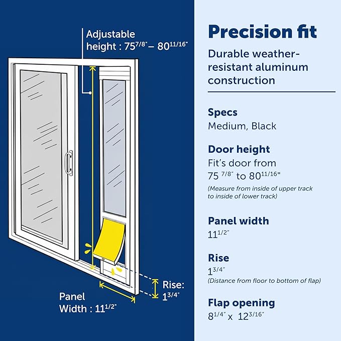 PetSafe 1-Piece Sliding Glass Pet Door for Dogs & Cats - Adjustable Height up to 80 11/16"- Medium, Black, No-Cut DIY Install, Aluminum Patio Panel Insert, Great for Renters or Seasonal Installation