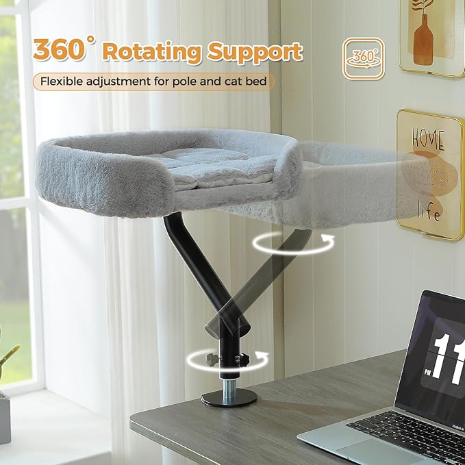 PAWZ Road Cat Desk Bed for Indoor Cats, Cat Bed for Desk Supports Up to 50 lbs, 360° Rotation & Adjustable, Nest Desktop Attachment Cats Hammock for Table, Gray