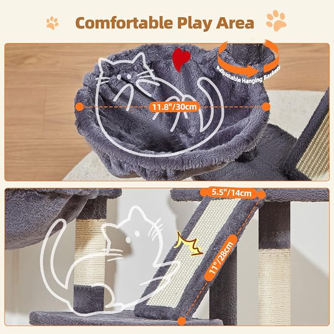 Taoqimiao Cat Tree,38.5-Inch Cat Tower for Indoor Cats,Suitable for Kittens with Luxurious cat condo, Adjustable Baskets and Luxurious Perch MS029SG Smoky Gray