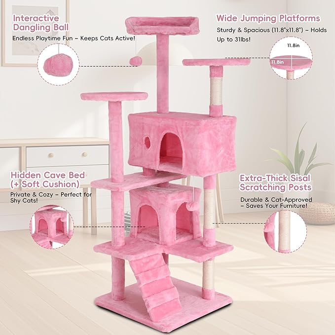 Cat Tree Tower 54" Tall - Indoor Cat Tree with Sisal-Covered Scratching Posts, Cozy Condo, Hammock, Dangling Toy & Expanded Perch Platform - Cat House Furniture for Large Cats - Pink