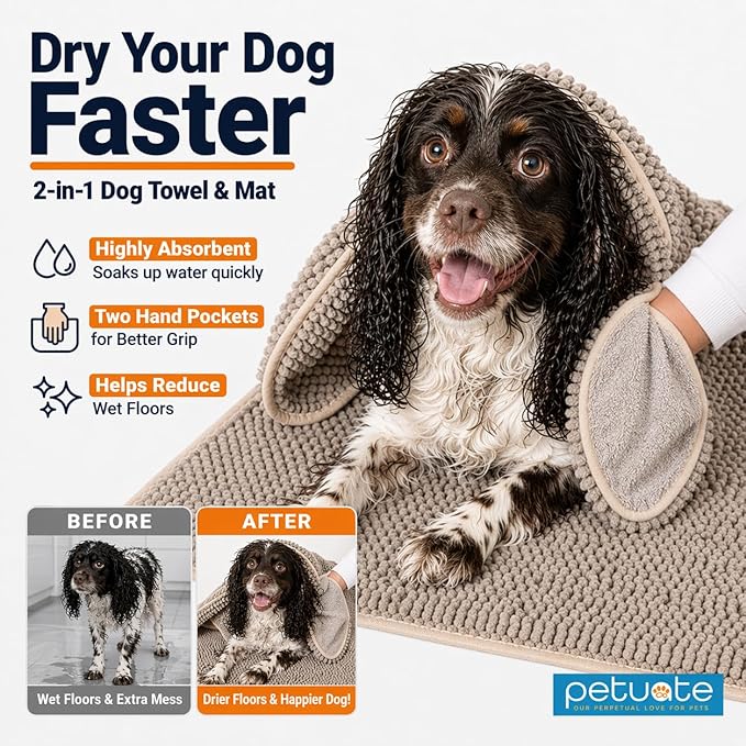 Pet 2-in-1 Dog Towel & Mat – Transforms from Drying to Bath Mat, Ultra Soft, Absorbent & Quick-Drying, Machine Washable Dog Towels with Detachable Non-Slip Mat and Hand Pockets (Medium)