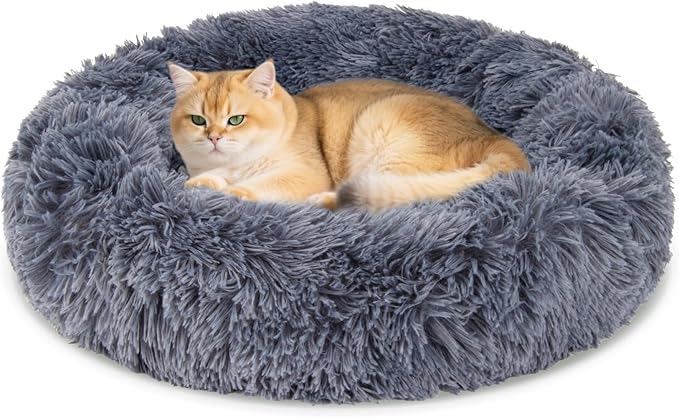 RAINFLOW Cat Bed - Calming Cat Bed for Small Kittens Donut Washable Round for Indoor Kittens and Puppies, Anti-Slip Round Fluffy Plush Faux Fur,Large, Dark Blue