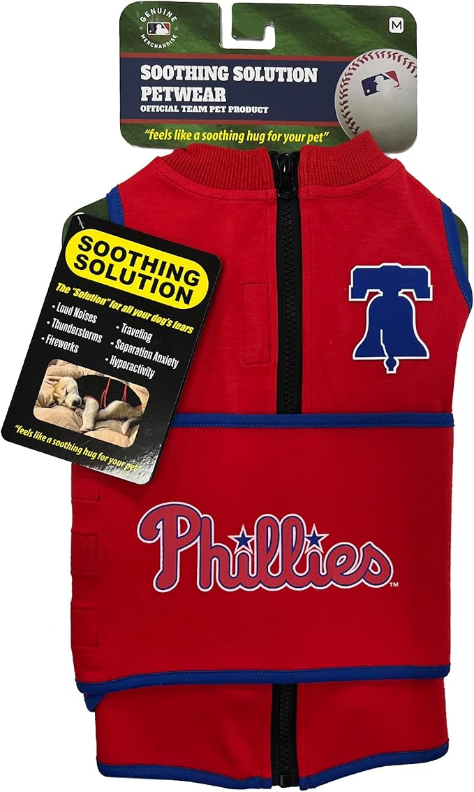 MLB Philadelphia Phillies Dog Anxiety Shirt Calming Soothing Vest for Dogs Cats with Anxiety, Fears, Fireworks, Loud Noises, Dark, Lonely Keeps Dogs Calm Feeling Safe, Relaxing Jacket, Small