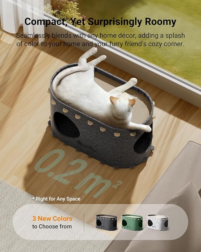 DownyPaws Cat House for Indoor Cats, Cat Bed Cave for Multiple & Large Cats Up to 22 Lbs, Scratch Resistant Peekaboo Cat Caves, Foldable Tunnel Enclosed Bed, PeekaPurr, Sesame Gray