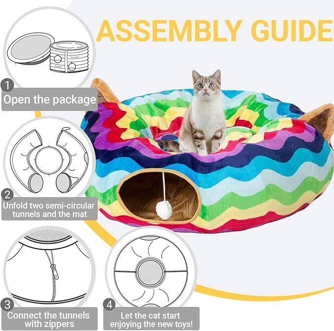 Large Cat Tunnel Bed Under Christmas Tree with Fluffy Toy Balls, Small Cushion and Flexible Design- 10 inch Diameter, 3 ft Length- Great for Cats, and Small Dogs, Rainbow Wave Color