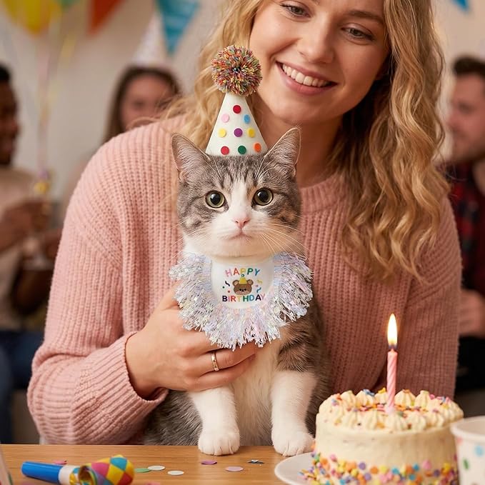 Xinjoduz Cat Birthday Hat and Bandana Scarf, Cat Birthday Outfit Party Hat Dog Costumes Cute Lace Puppy Tassels Bib Scarf Party Decorations Set for Small Medium Cats & Doggy