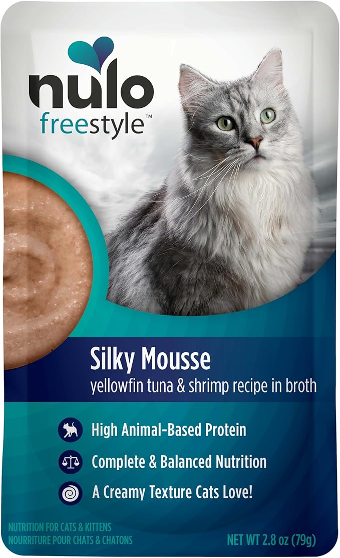 Nulo Freestyle Wet Cat Food Silky Mousse - Yellowfin Tuna & Shrimp, High Protein Grain-Free Cat Food Pouches for Kitten, Adult & Senior, 2.8oz Pouches (24 Pack)