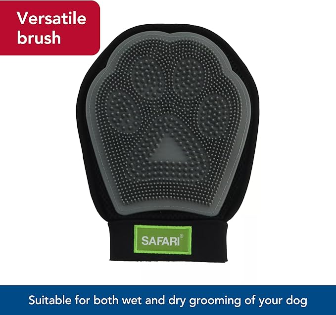 Coastal Pet Safari Grooming Mitt - Gentle Alternative to Pet Brushes for Wet & Dry Grooming - Mitt with Rubber Tips to Trap Hair & Fur - Black & Gray, One Size