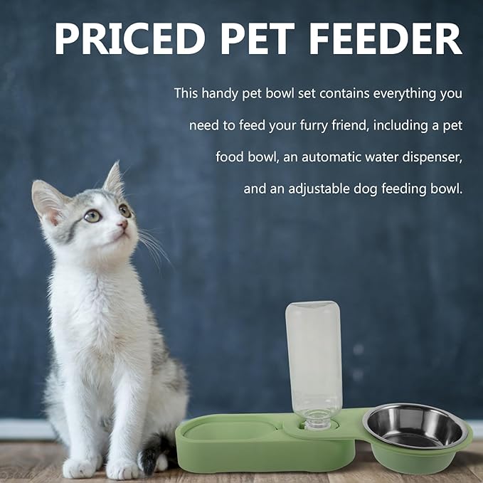 Toyvian Stainless Steel Double Cat Bowl Rotatable Corner Foldable Pet Feeder with Green Bowls for Indoor Cat Feeding and Watering