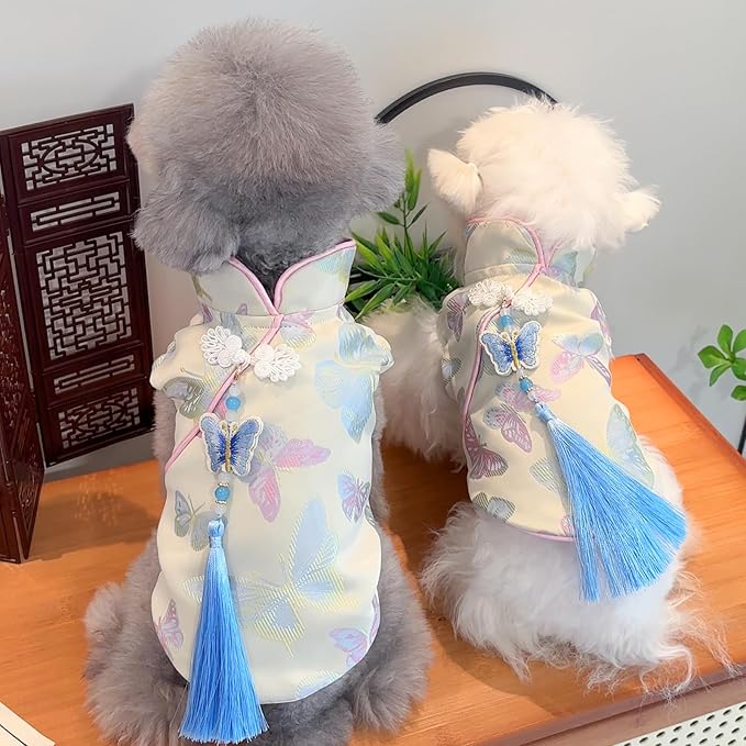 Chinese Cheongsam Dog Dress, Butterfly Printed Pet Qipao with Tassel & Knot, Traditional Chinese Style Outfit for Small Dogs & Cats, Festive Costume for Puppy Kitten (Large)