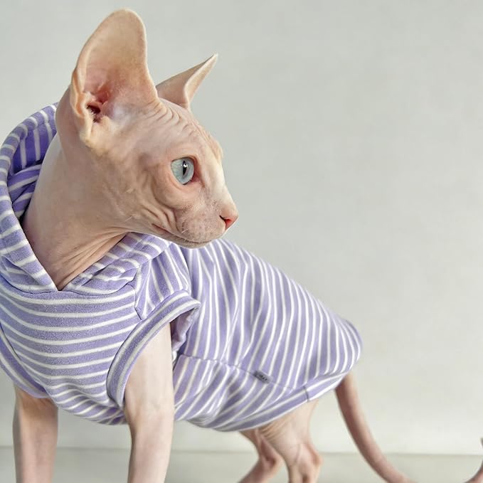 Sphynx Cat Clothes for Cats Only,Classic Striped Hairless Sphinx Cat Clothes Hoodie Shirts, Soft Kitten Sweater Pets Apparel Outfits for Devon Rex, Cornish Rex, Peterbald,Purple,S