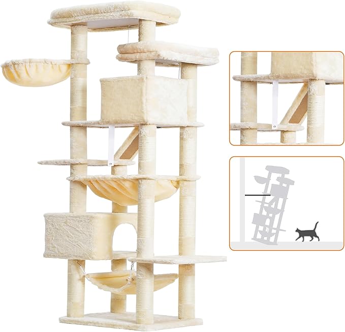 Heybly Cat Tree, 71-Inch-Tall Tower for Indoor Cats with 2 Perches, 2 Big Condos, 2 Hammocks, Basket, Scratching Pad, Large Cat Furniture and Condo, Beige HCT034M