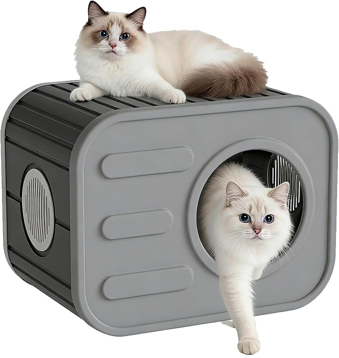 Cat Houses for Outdoor Indoor Cats, Insualted Outdoor Cat House Weatherproof with Camera-Shaped Design, Sturdy Resin Shelter for Patio,Garden Grey
