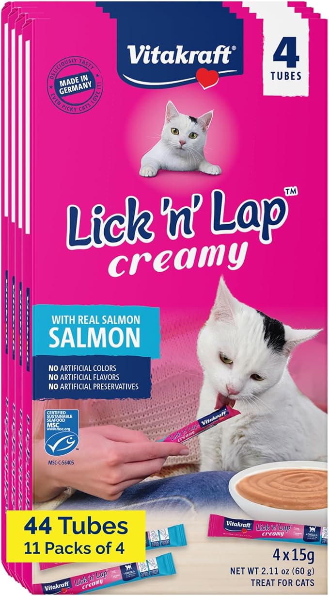 Vitakraft Lick 'N' Lap Real Salmon Squeezeable Liquid Cat Treats, Lickable, Salmon Broth #1 Ingredient, No Artificial Colors, Preservatives or Added Sugar, for Hydration, 0.52 oz. Tubes, 44 Count