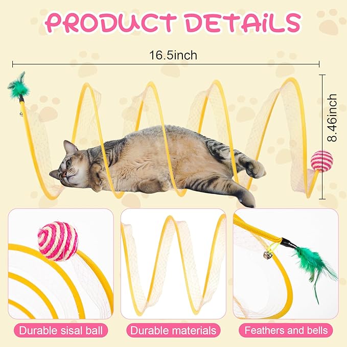 Leitee 40 Pcs Cat Toys Pack for Indoor Cats Kitten, Variety Set with 2 Cat Tunnel Collapsible Cats Spring Tube, Feather Teaser Wand, Bell, Mouse, Fuzzy Ball for Interactive Gift(Pink)