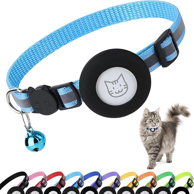 Airtag Cat Collar with Bell, Reflective Nylon Kitten Collar with Apple Air Tag Holder and Breakaway Safety Buckle for Puppy Girl Boy Cats, 3/8" in Width and Lightweight, Blue