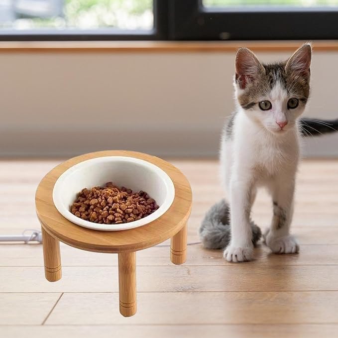 Elevated Cat Bowl Whisker Friendly Ceramic Bowl Feeder Bamboo Wood Stand Assembly Suitable for Puppy Kitten, 16.2cmx16.2cmx8.8cm