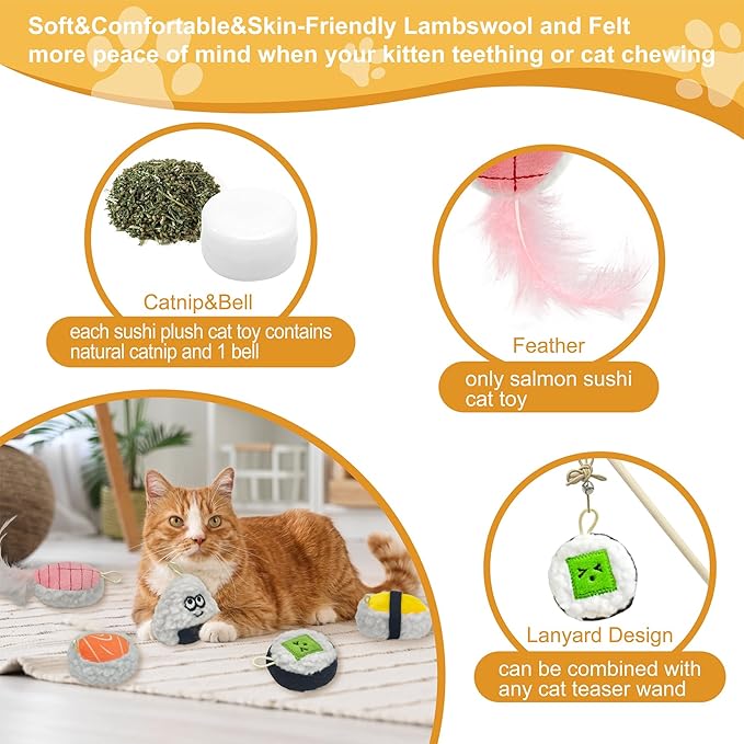 Sushi Cat Toy Set 5pcs Cute Soft Funny Sushi Plush Catnip Toys with Bell and Feathers Kitten Teething Chew Toys for Indoor Boredom Relief Interactive Cat Toys Teaser Wand Replacement Accessories