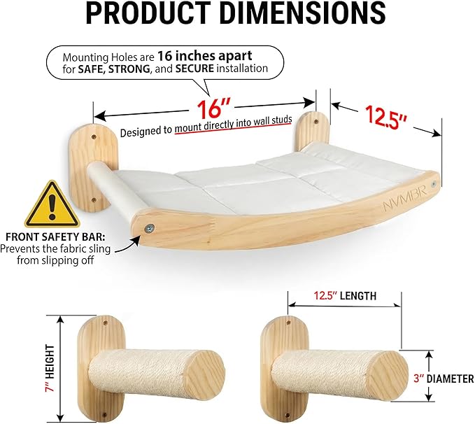Cat Wall Shelf Bed Hammock with Sisal Stairs Set, Easy Install | 16 inch Stud Design | Holds up to 33 lbs | Indoor Shelf Lounge with Safety Bar Designed in USA