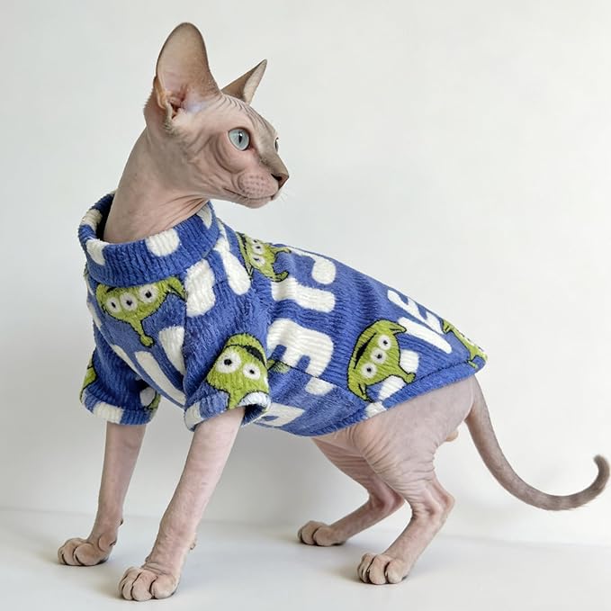 Sphynx Cat Clothes Sweaters for Cats Only, Warm Sphynx Hairless Cat Clothes Shirt,Sphinx Kitten Winter Coat Pet Outfits Costume for Cornish Rex, Devon Rex, Alien Pattern Royal Blue,M