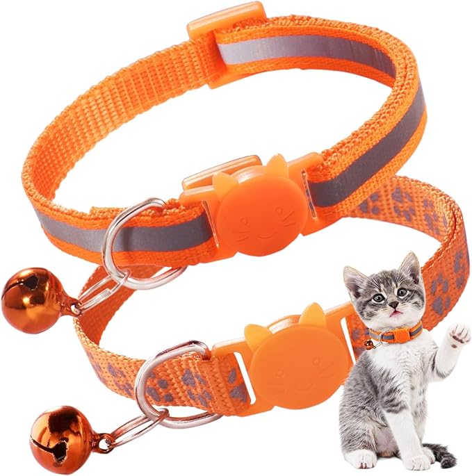 2 Pack Kitten Collars, Breakaway Reflective Cat Collar with Bells Safety Buckle Adjustable for Girl and Boy Kitty Pets, Orange