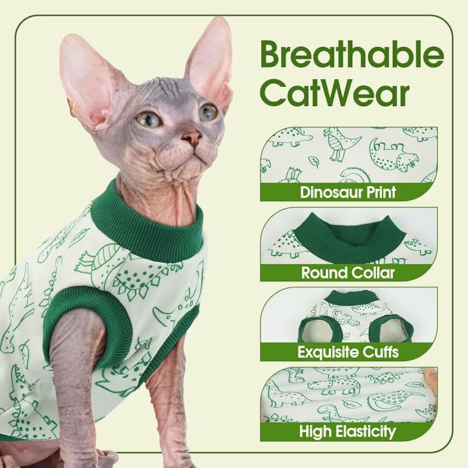 XX-Large Sphynx Hairless Cat Clothes with Dinosaur Print, Pullover Kitten T-Shirts Vest, Sleeveless Bodysuit Cat Pajamas Jumpsuit, Breathable Daily Wear Clothes for Cats