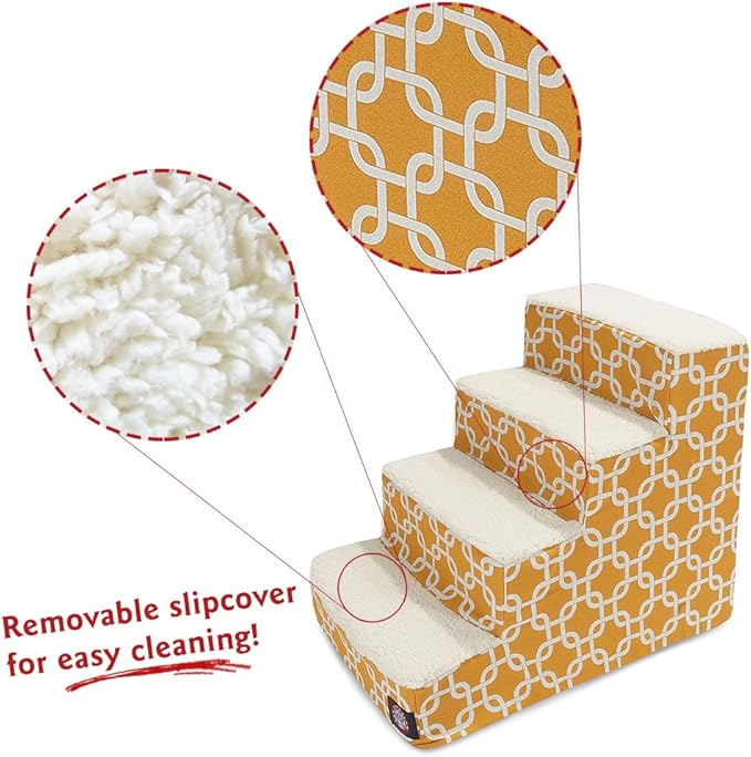 Majestic Pet 4 Step Portable Dog Stairs for Small Dogs to get on Bed Supports 25 lbs or Less – Dog Steps for High Bed with Machine Washable Cover – Pet Stairs for Cats Links Yellow