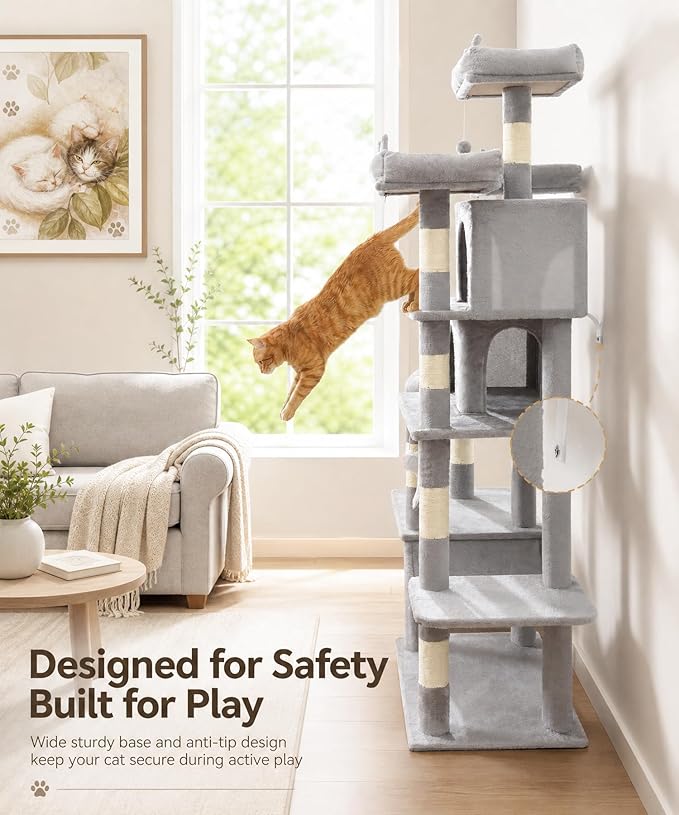 Heavy Duty Cat Tree for Indoor Cat, 71 Inch Large Cat Tower with Scratching Post and Top Perch, Hammock, Big Cat Condo for Adult Cats Kittens, PMT03GY, Grey