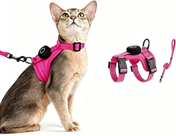 Cat Harness and Leash Set with AirTag Holder, Reflective,Soft Adjustable Kitten Harnesses for Small Medium Large Cats, XS-S (Rose Pink, S：8.8-17.6lbs)