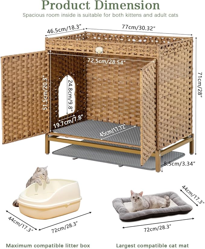 SETVSON Cat Litter Box Enclosure Furniture, Hidden Handwoven Rattan Litter Box with Mat, Large Cat House with Metal Heightened Feet, 30.3 x 18.3 x 28 Inches, Indoor for Living Room, Bedroom Natural