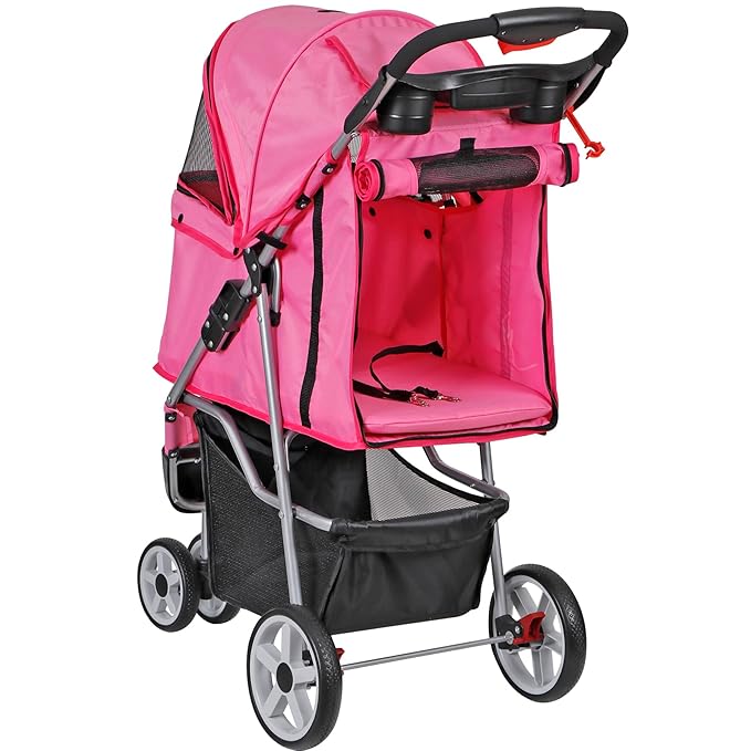 JungleA Foldable Pet Stroller for Cats Dogs,3 Wheel Jogger Stroller for Small to Medium Pets,Lightweight & Portable & Durable with Weather Cover, Storage Basket and Cup Holder,Pink