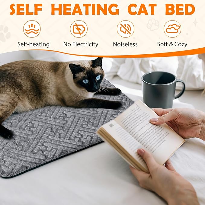 2 Pcs Winter Self Warming Cat Bed, Self Heating Cat Dog Pad 20 x 16 Inch Outdoor Warm Thermal Mat Pad with Removable Cover Non-slip Bottom Washable Reflects Body Heat for Indoor Small Dog(Grey)