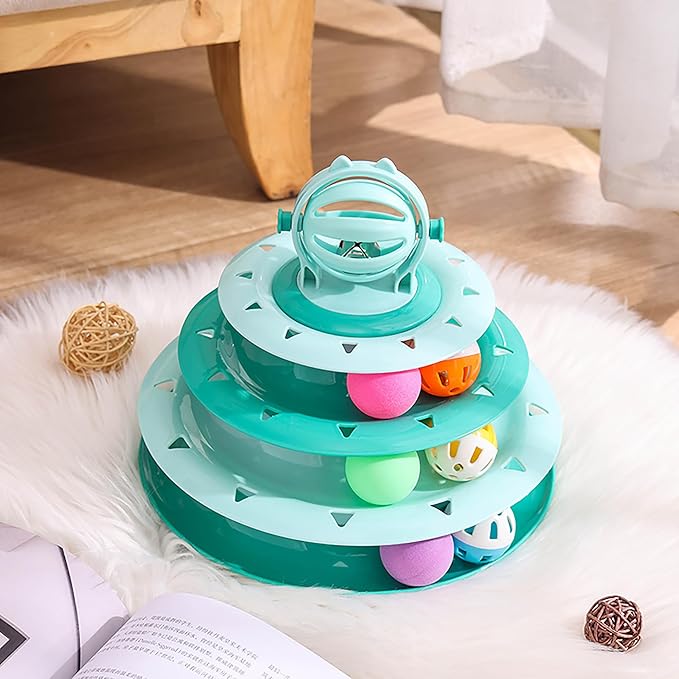 Vealind Cat Toy Roller 4-Level Turntable Cat Toys Balls with 14 Pcs Colorful Pom Pom Balls Interactive Fun Mental Physical Exercise Puzzle Kitten Toys (Green)
