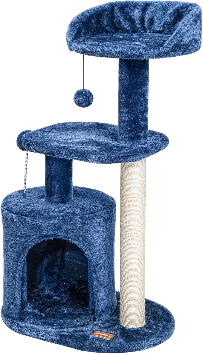 ClevaHome Small Deep Denim Blue Cat Tree for Small Spaces, Kittens, 33.5" Multi-Level Condo with Sisal Scratching Post, Plush Perches & Interactive Pompom Toy for Indoor Cats