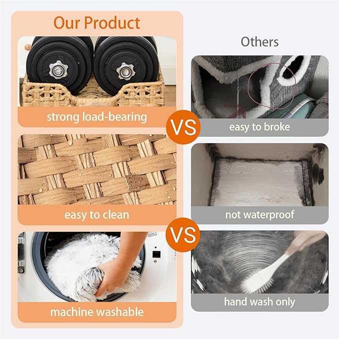Rattan Cat House for Indoor Cats, Large Cat Bed Cave with One Bed Mat, Foldable Cat Condo Cube Hideaway for Multi Small Pet